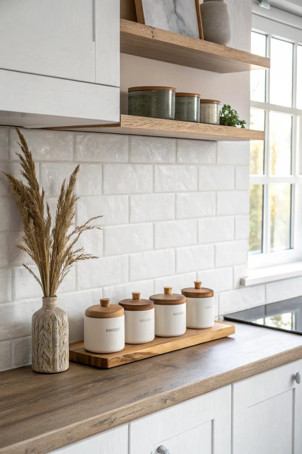 Slim under-cabinet shelf strip in light oak—keeps spices handy without hiding the backsplash.