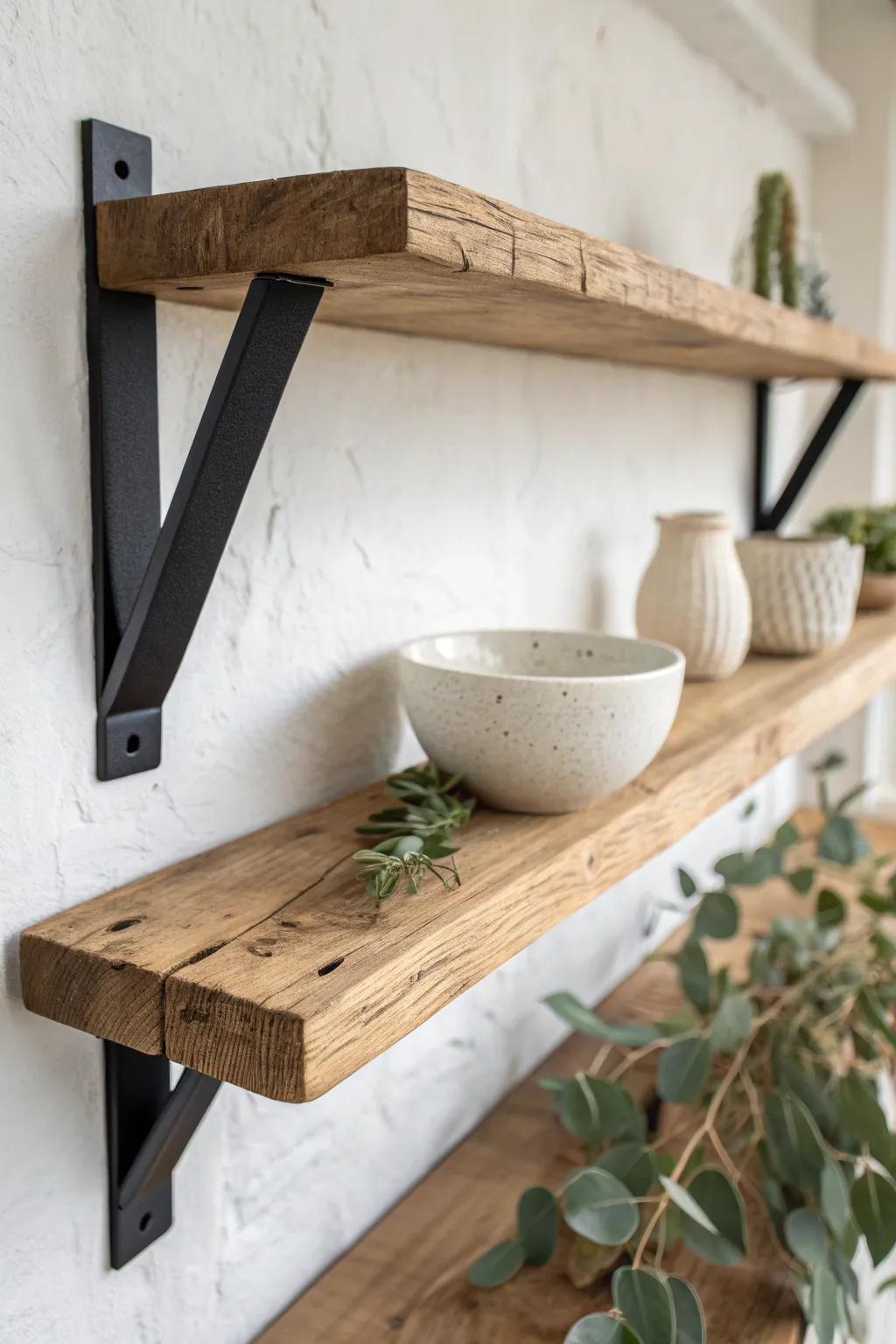 Chunky wood + matte black brackets—an easy rustic shelf that makes stoneware feel extra cozy.
