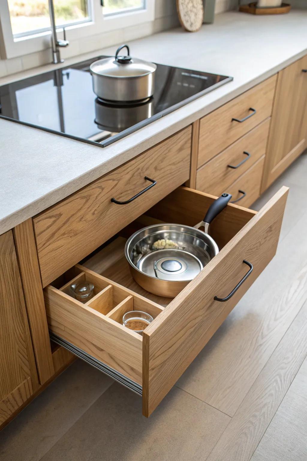 Deep pot-and-pan drawers: smooth-glide storage that keeps heavy cookware tidy and easy to grab.