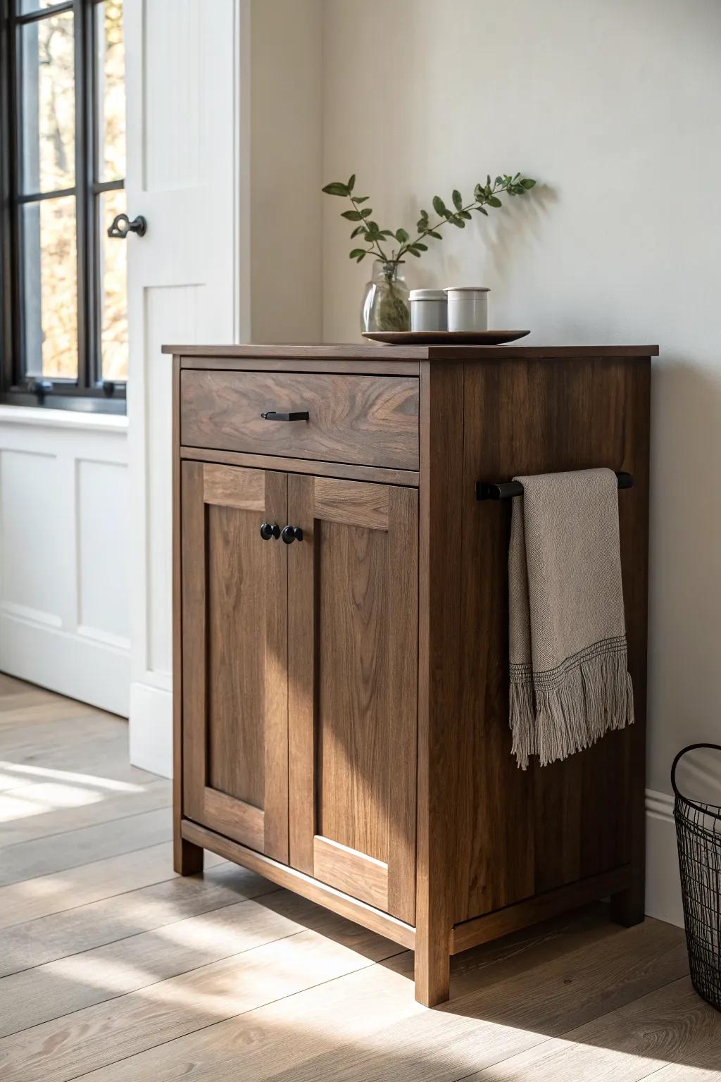 Dark walnut cabinets + light oak floors: dramatic contrast that keeps a kitchen bright.