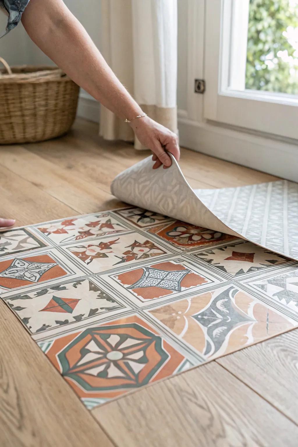 Instant budget glow-up: peel-and-stick patterned tiles for a chic kitchen floor that hides crumbs.