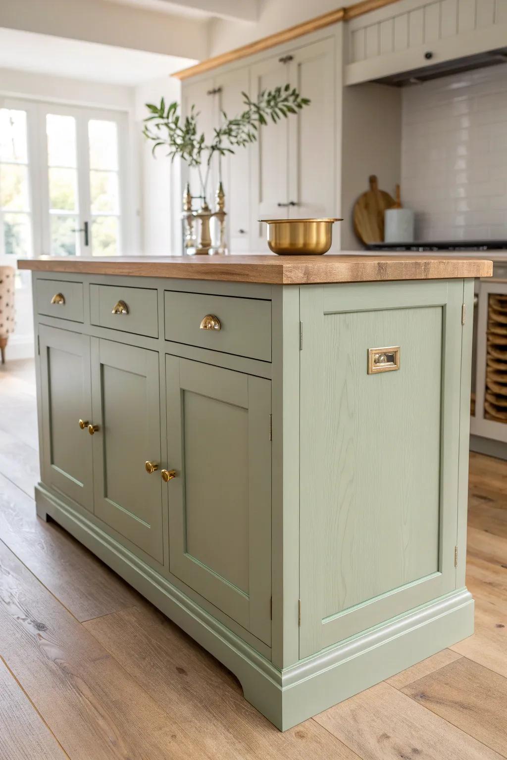 Soft sage green island + warm wood tones for an airy, friendly farmhouse-meets-Scandi look.