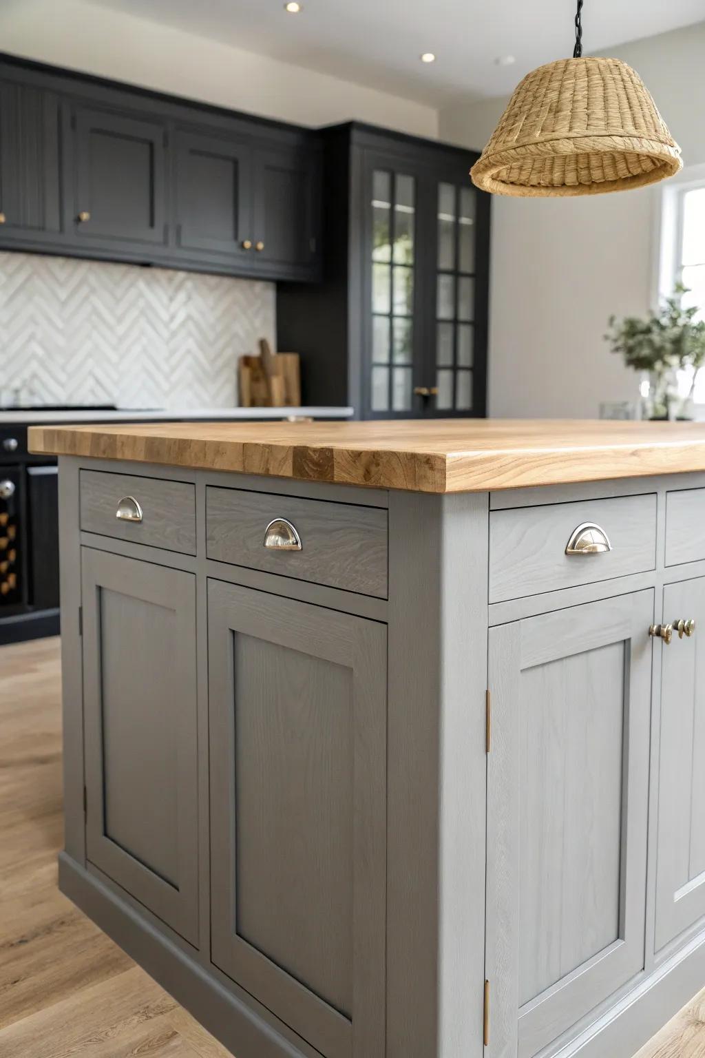 Soft gray kitchen island softens dark cabinets—calm contrast with warm wood floors.