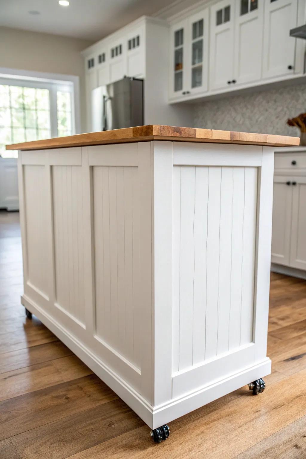 Soft farmhouse-white island on wheels with a warm wood top—bright contrast, timeless craftsmanship.
