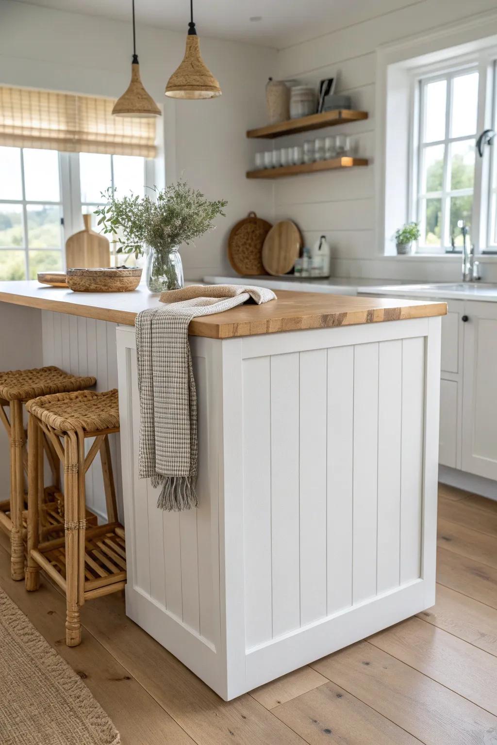 Classic shiplap island wrap: clean seams, cozy texture, and a warm oak top in soft light.