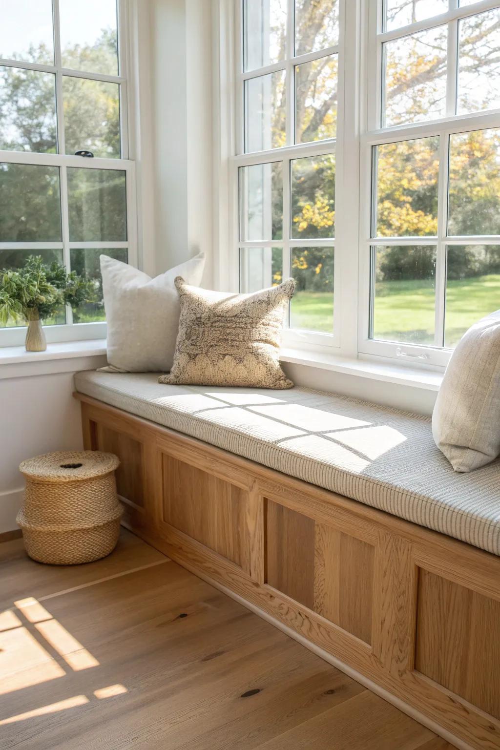 Bay-window wraparound bench with a thick oak cap—bright, minimal, and made for daily use.