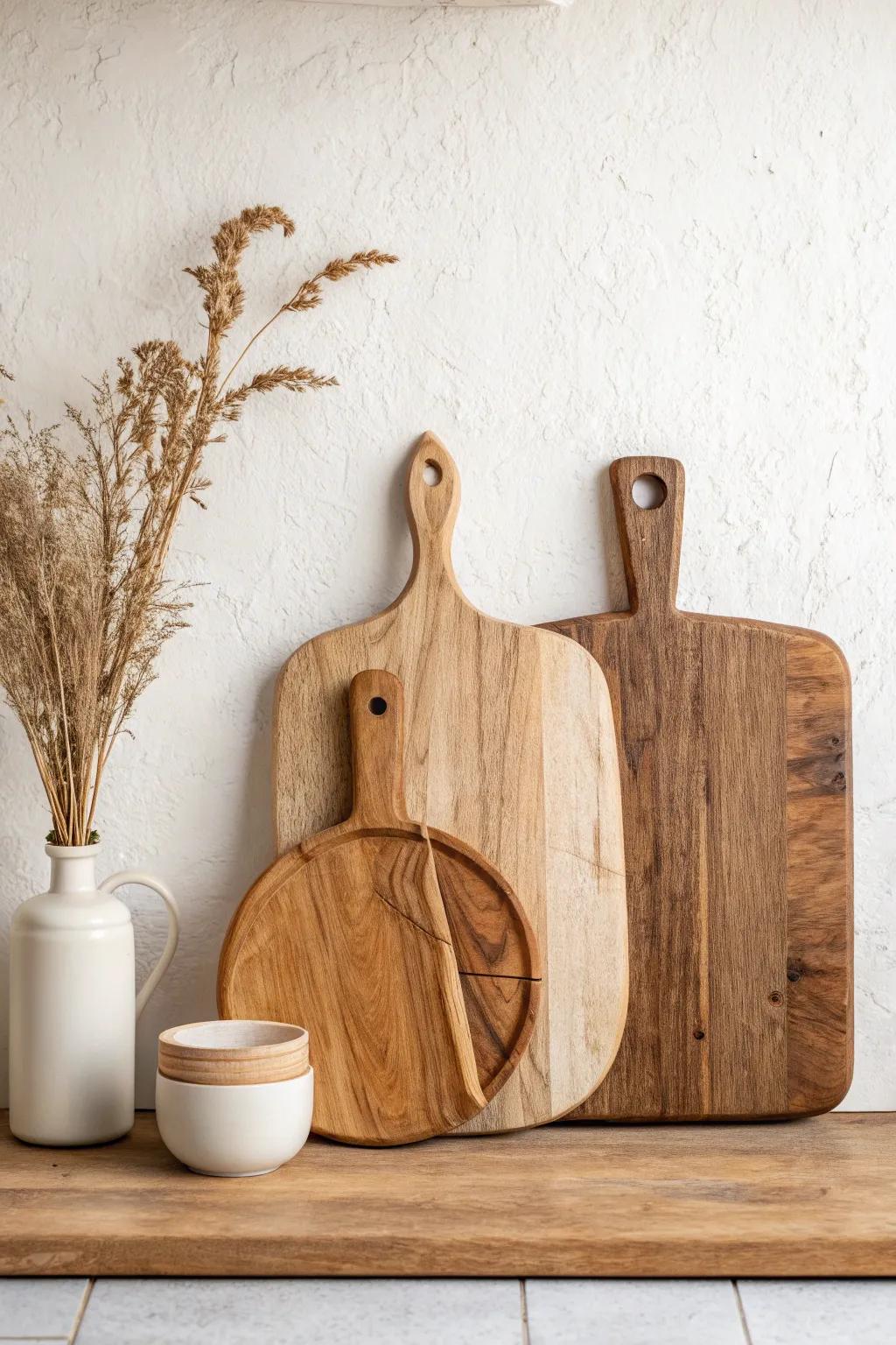 Leaning wood cutting boards add a warm, rustic backdrop to minimalist kitchen shelves.
