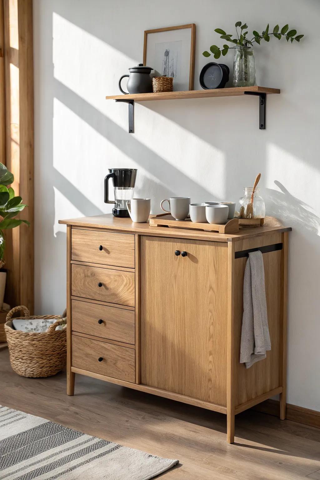 A calm coffee-station sideboard: tray essentials on top, hidden storage below for clutter-free mornings.