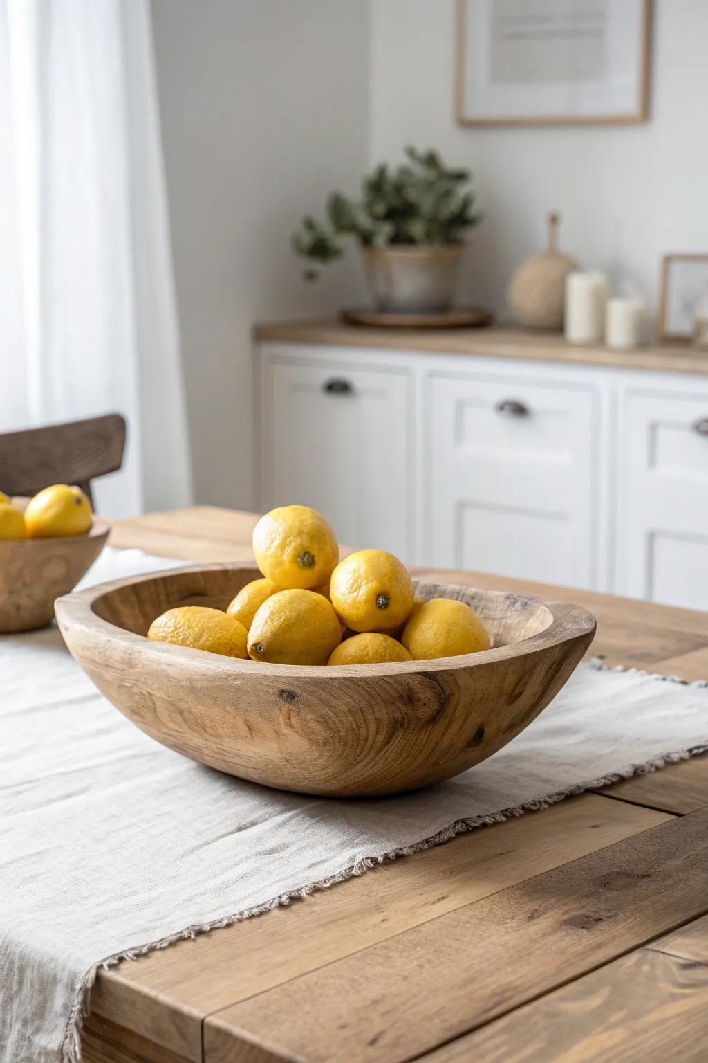 A carved wood dough bowl piled with all-yellow lemons for a simple, intentional table look.
