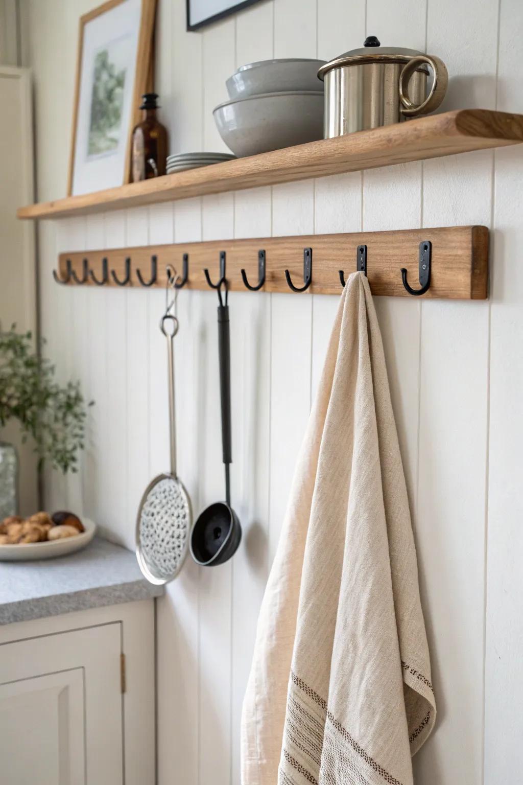 A simple oak wall rail with S-hooks keeps tools close and adds cozy, crafted charm.