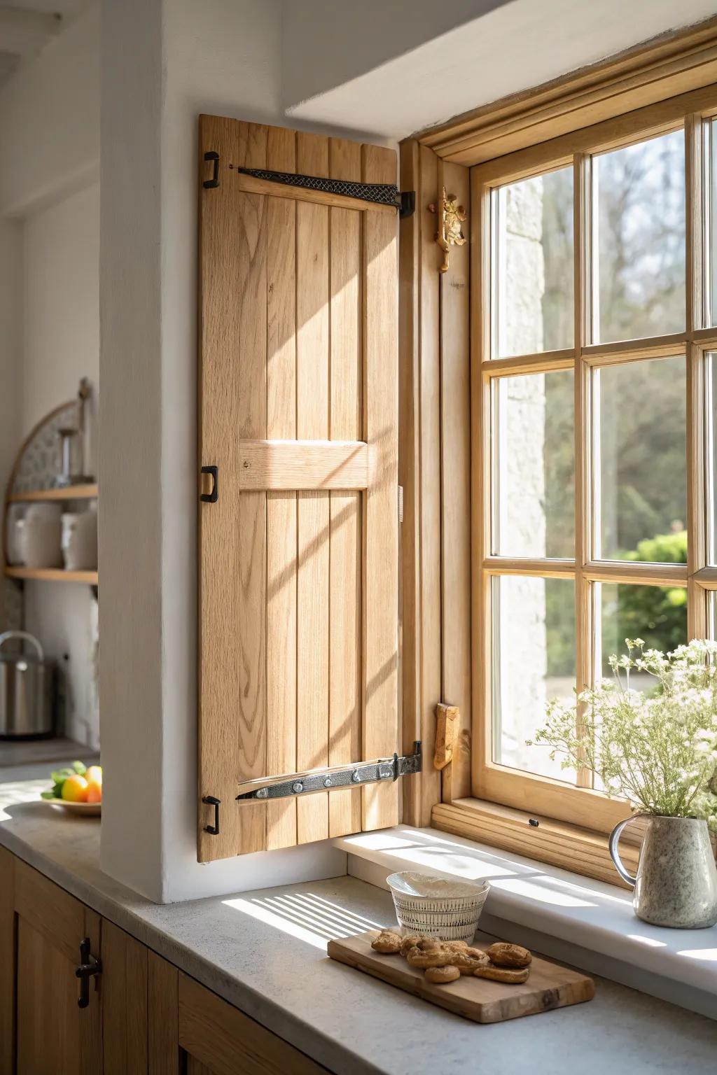 Café-style half shutters: warm oak privacy below, bright morning light above—simple and serene.
