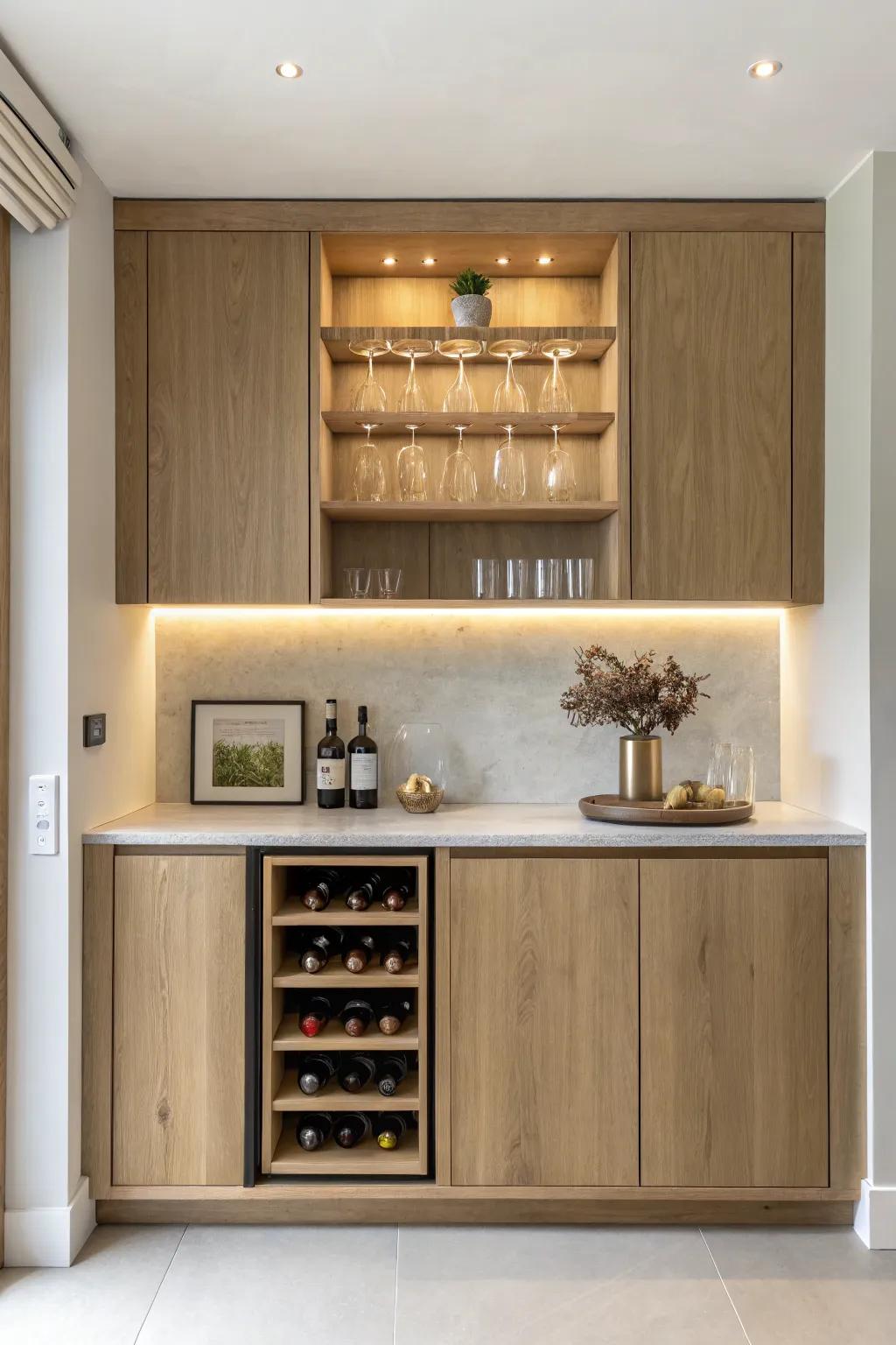 A cozy built-in alcove wine bar—custom oak trim, warm glow, and zero lost floor space.