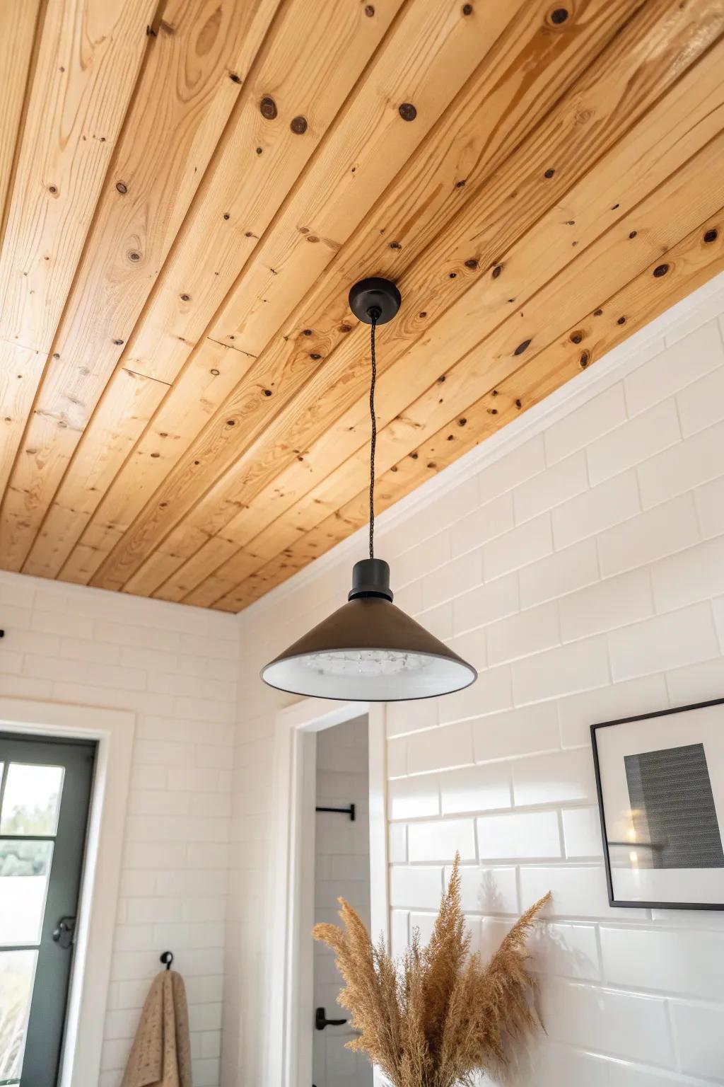 Knotty pine ceiling + crisp white walls = instant warmth without darkening a tiny bath.