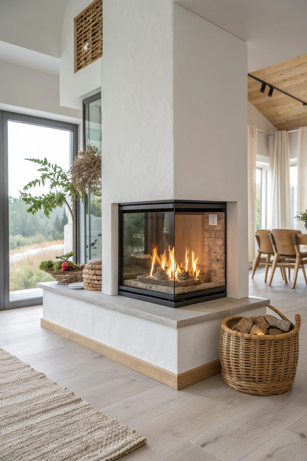 Two-sided glass corner insert: L-shaped flames glowing to both sofa and dining spaces.