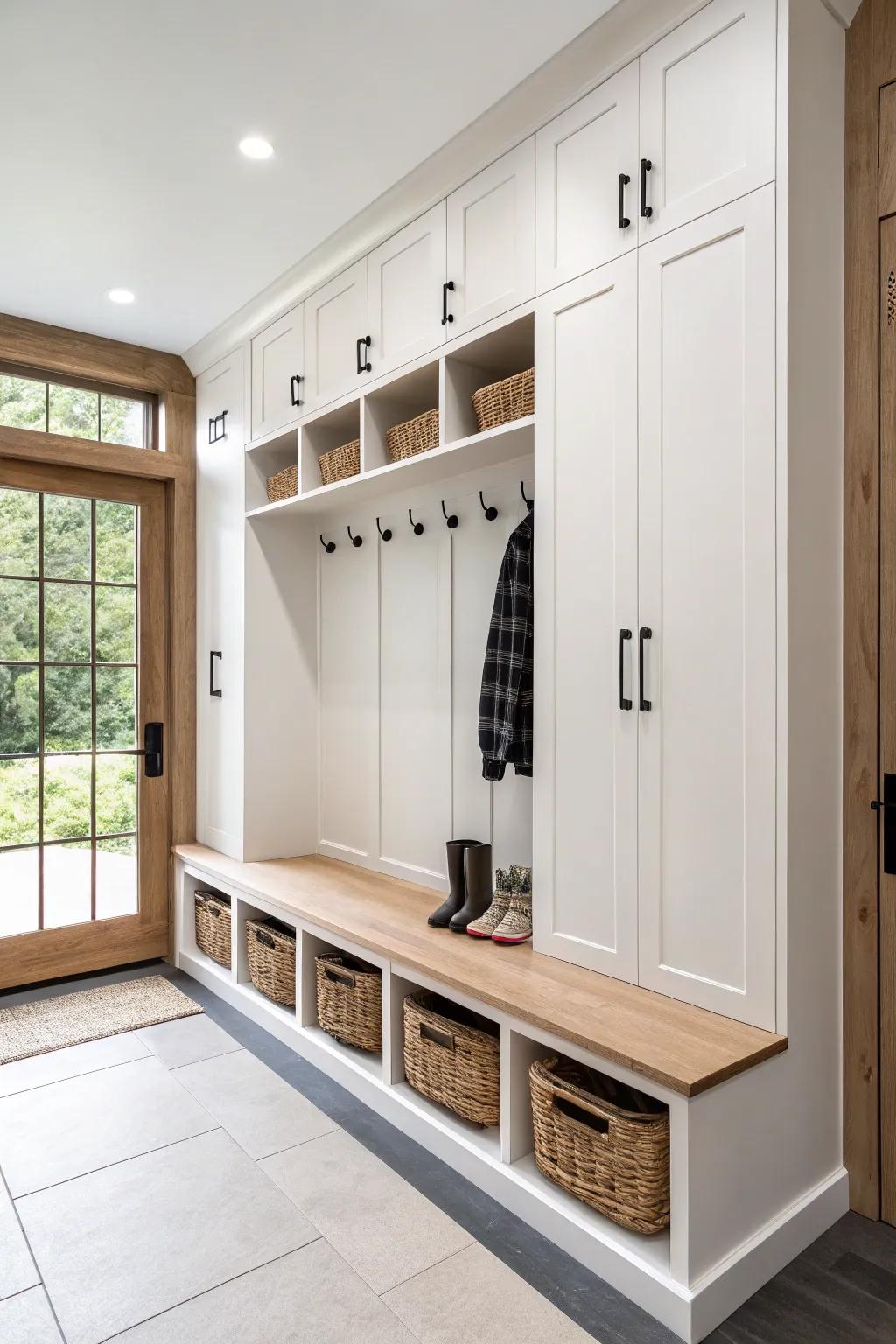 Max function, calm style: tall oak lockers on one wall, a long shoe bench on the other.
