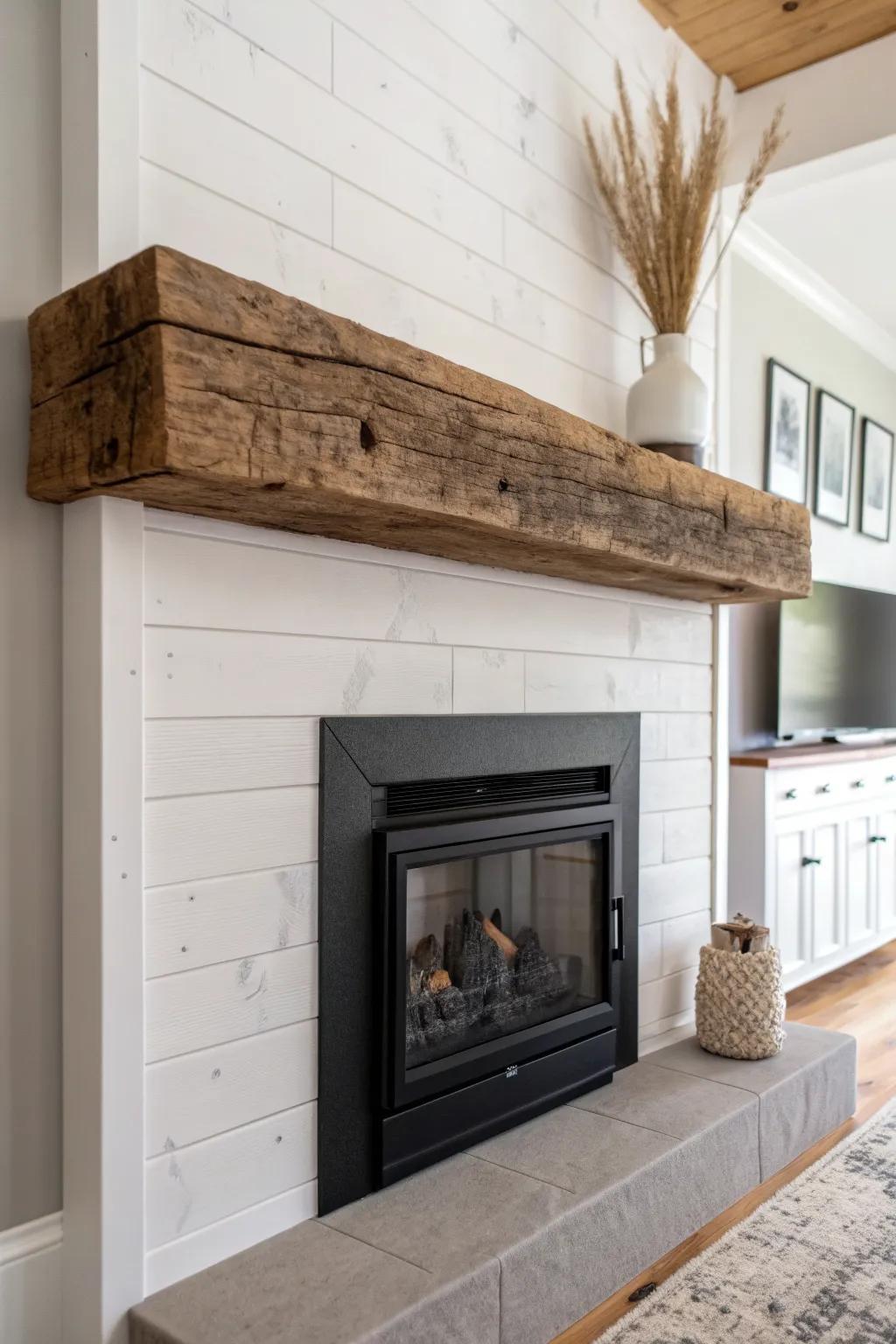 Reclaimed beam mantel—knots and saw marks that give your lake house fireplace instant soul.