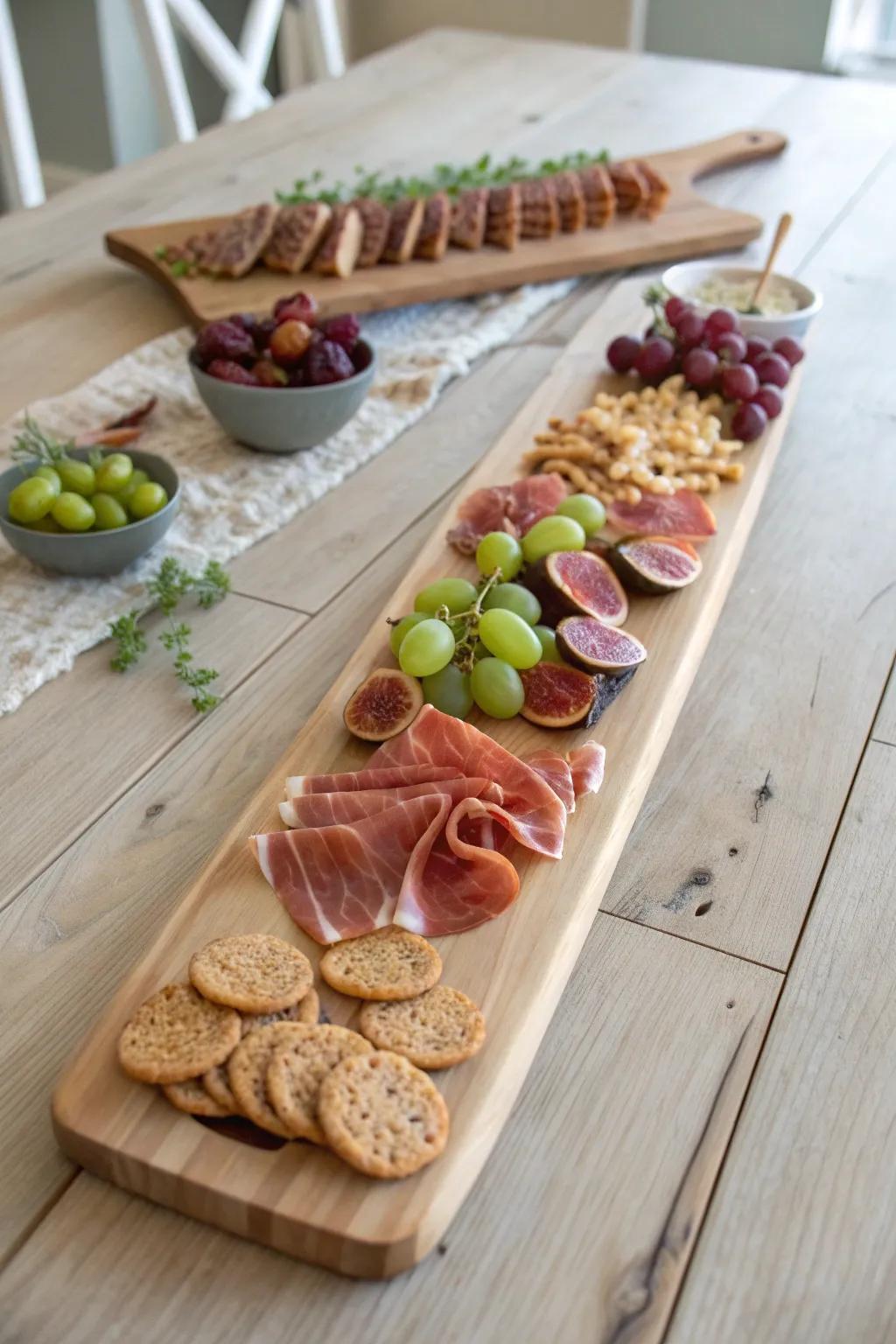 A table-runner charcuterie board with repeating grazing stations—simple, stunning, shareable.