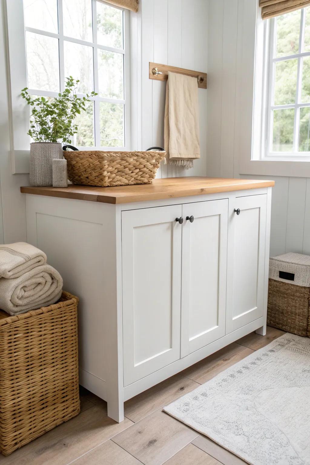 A warm butcher-block folding counter over sleek base cabinets—extra-wide storage for towels and bins.