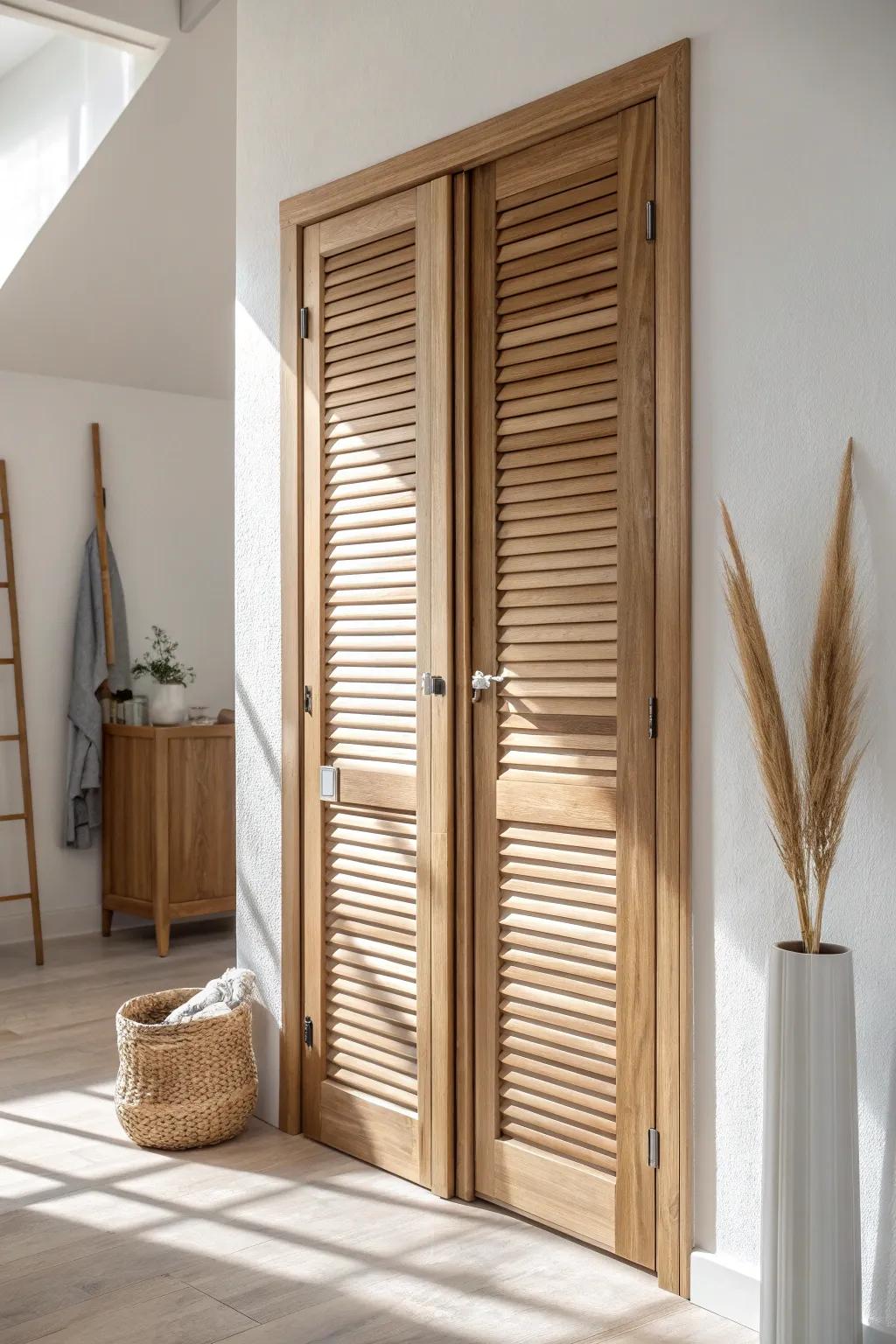 Light oak louvered door that hides laundry machines while letting heat and moisture escape.