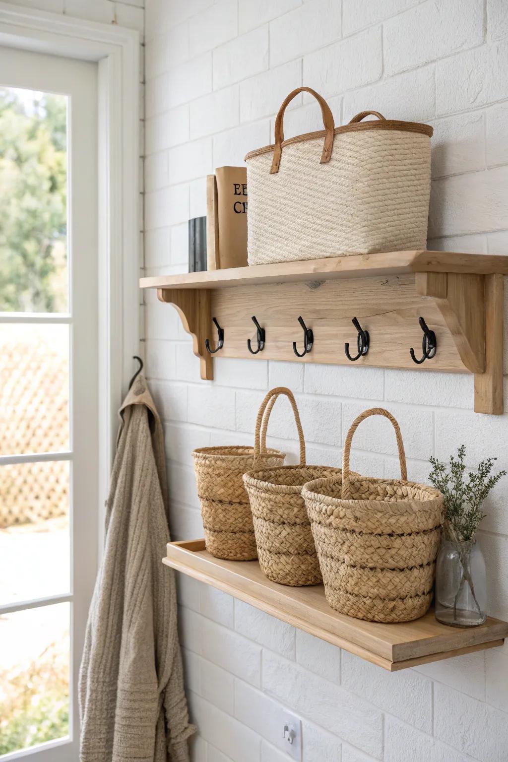 Oak shelf + black hooks: one sleek rack that doubles laundry-room storage in minutes.