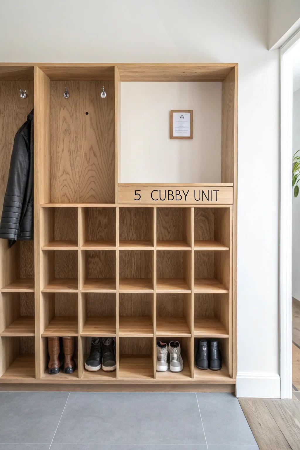 Wall-to-wall open shoe cubbies in light oak—labeled slots for calmer laundry-room mornings.
