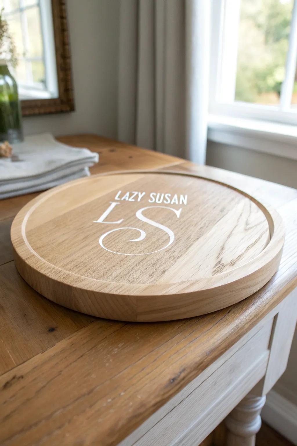 Gift-worthy lazy Susan with a bold monogram and family name, softly washed for a lived-in look.