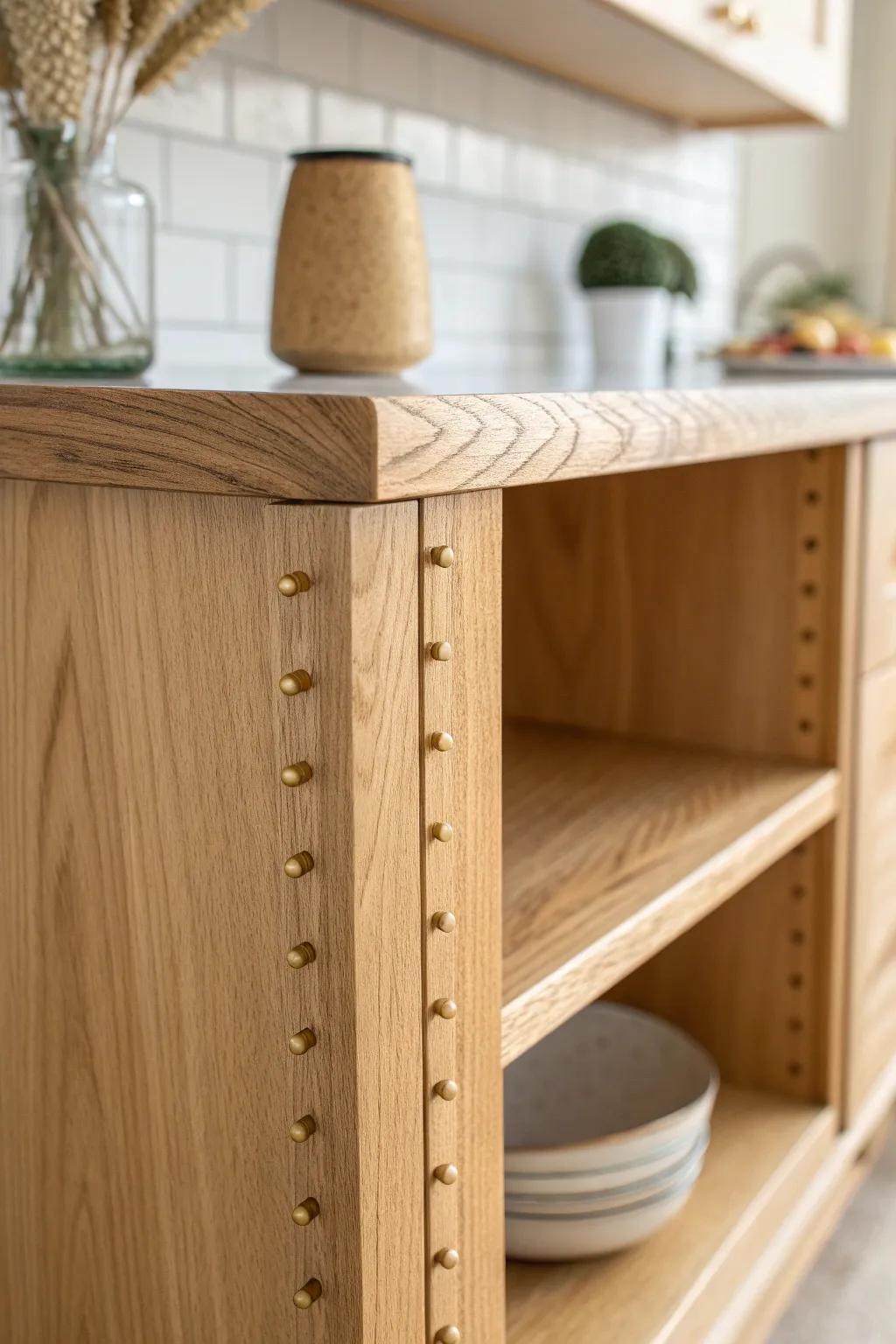 Brass shelf pins turn a corner cabinet into flexible storage—clean, simple, and beautiful.