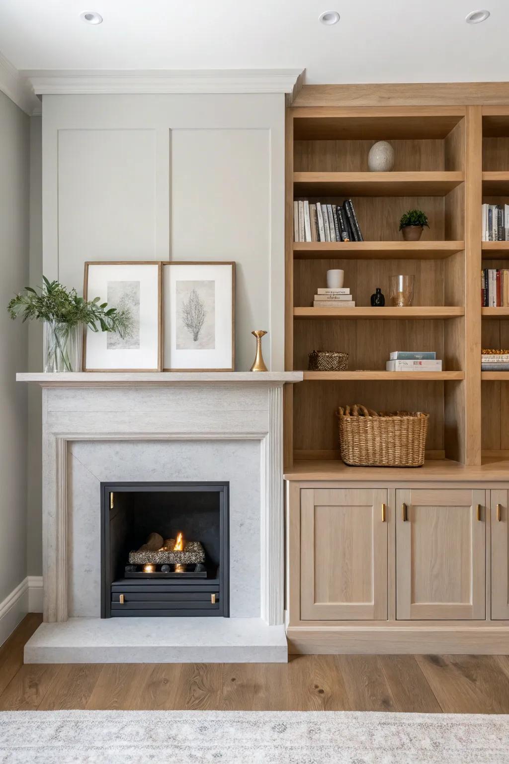 Symmetrical built-ins flanking the fireplace, with deep cupboards below to hide everyday clutter.