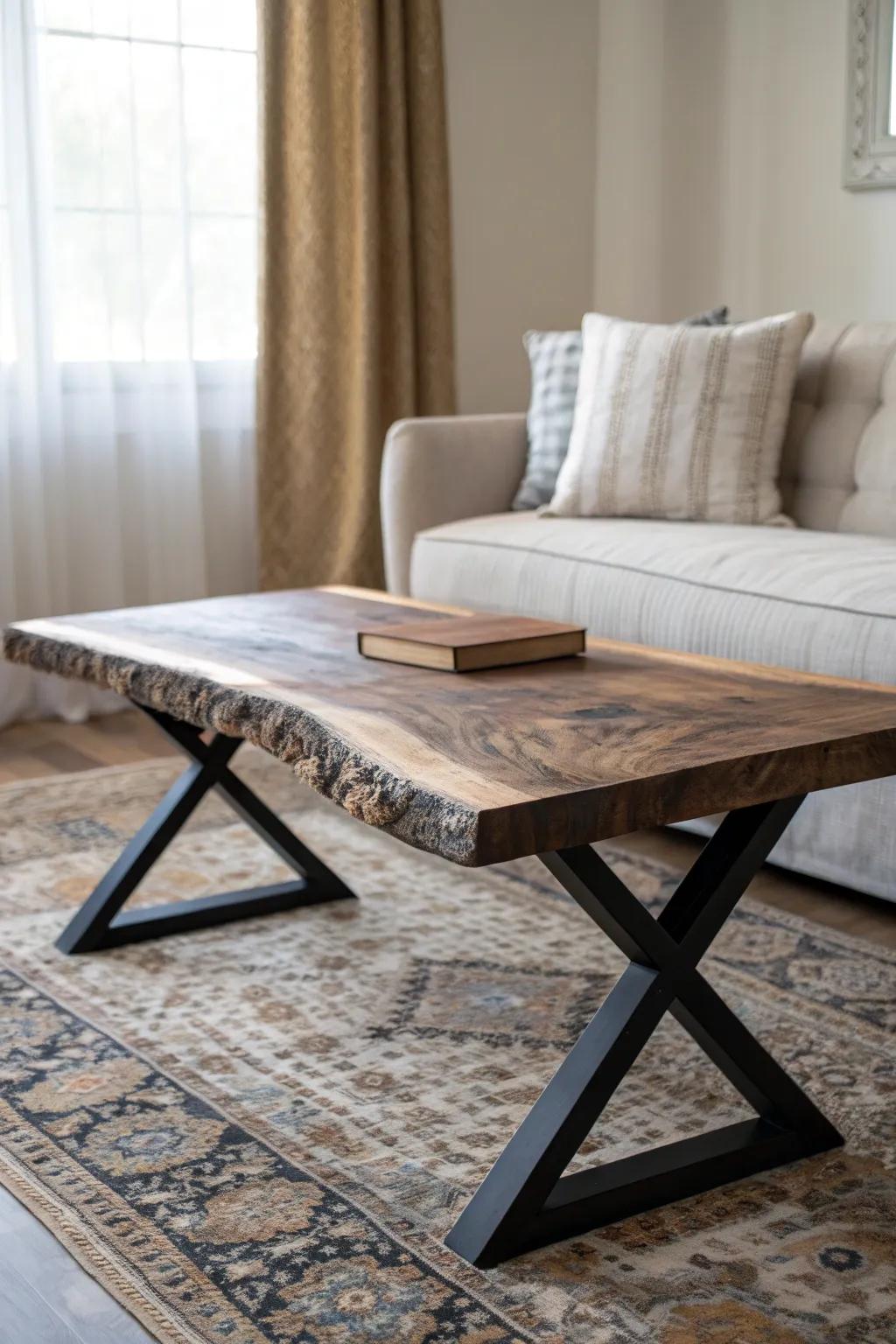 Rustic live edge warmth meets a bold black X-base—modern contrast with handcrafted beauty.