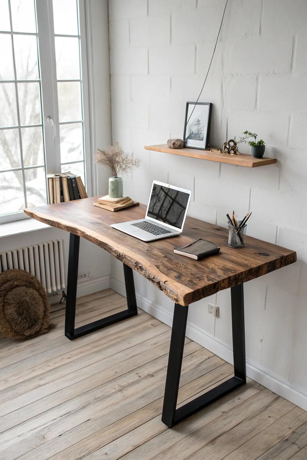 Clean modern live-edge desk on sleek black metal legs—rustic warmth meets minimalist style.