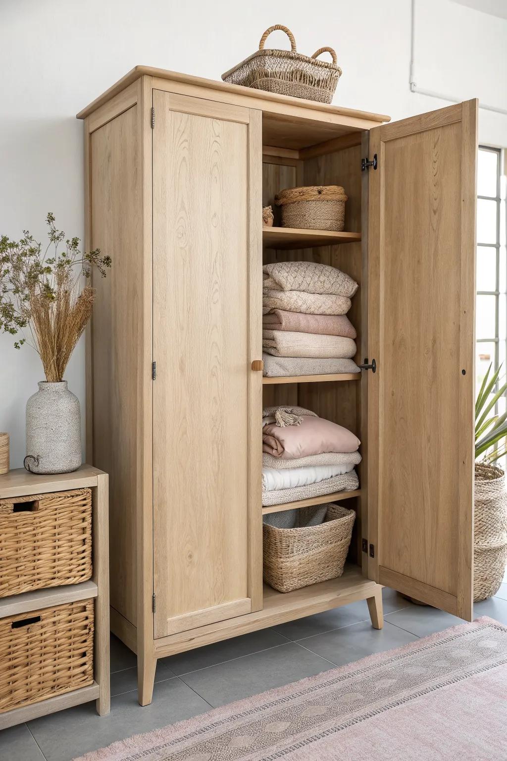 A calm oak armoire keeps throw blankets and oversized pillows stacked, tidy, and ready to grab.