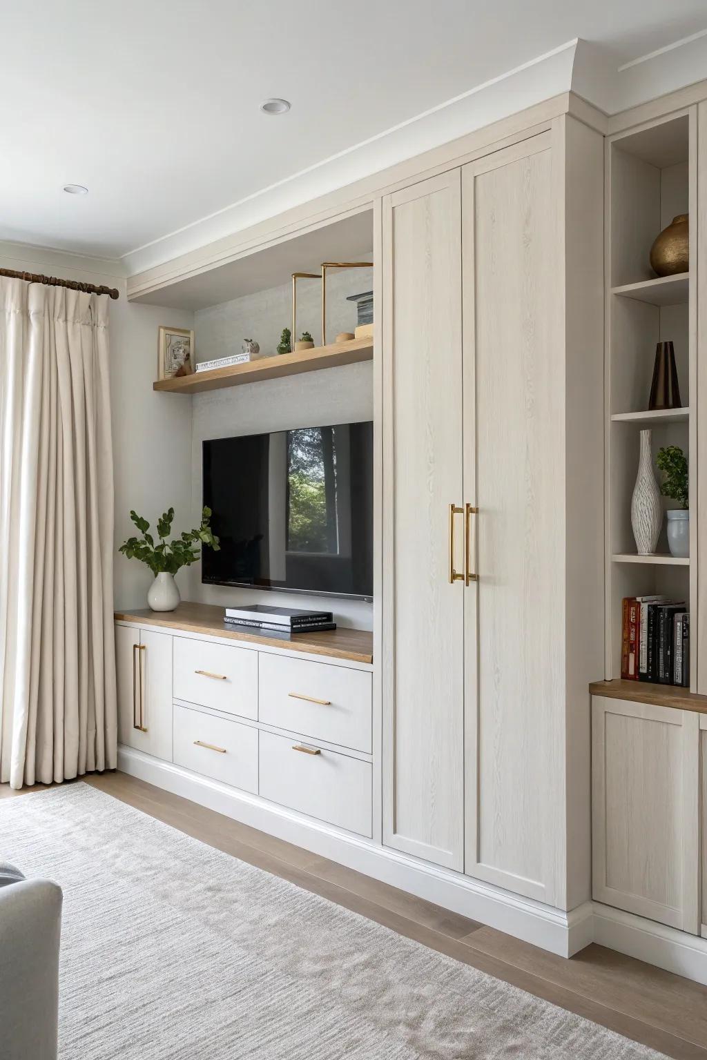 A TV-framing closet wall in white oak—clean lines, hidden tech, and adjustable shelves.