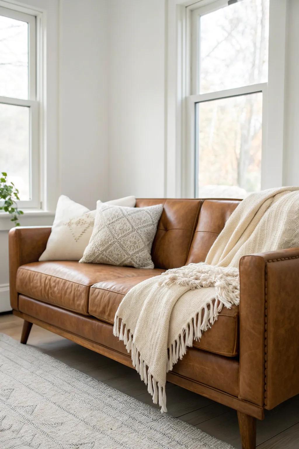 Layer creamy linen pillows and a nubby throw to make a brown couch feel light and cozy.