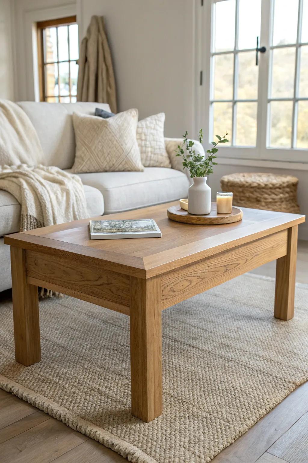 Warm off-white and creamy textures soften oak’s yellow tones—simple, cozy, and modern.