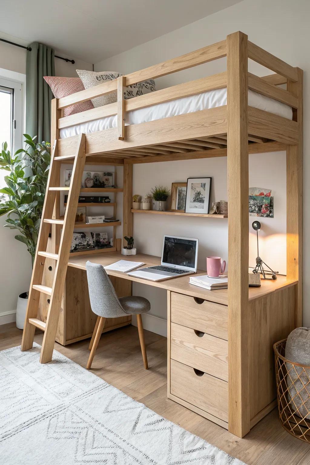 Space-smart L-shaped desk loft bed in light oak—study and hobby zones, beautifully calm.