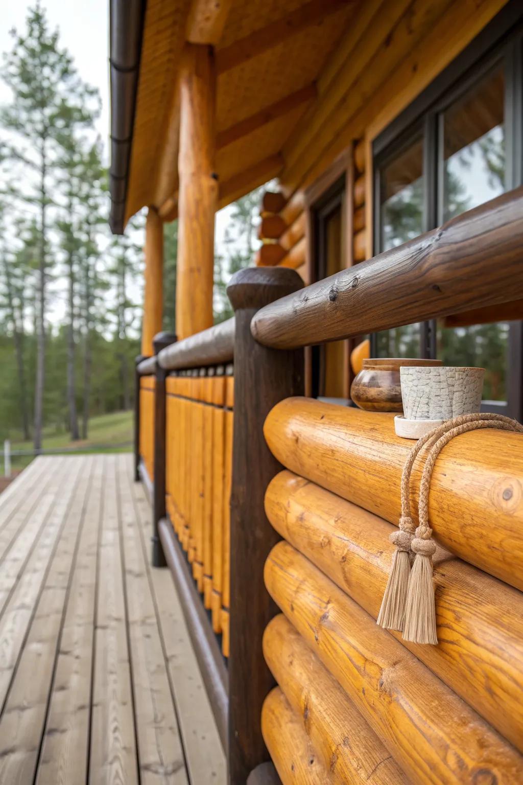 Honey-amber logs with dark brown accents—warm, polished contrast for a wooded cabin exterior.