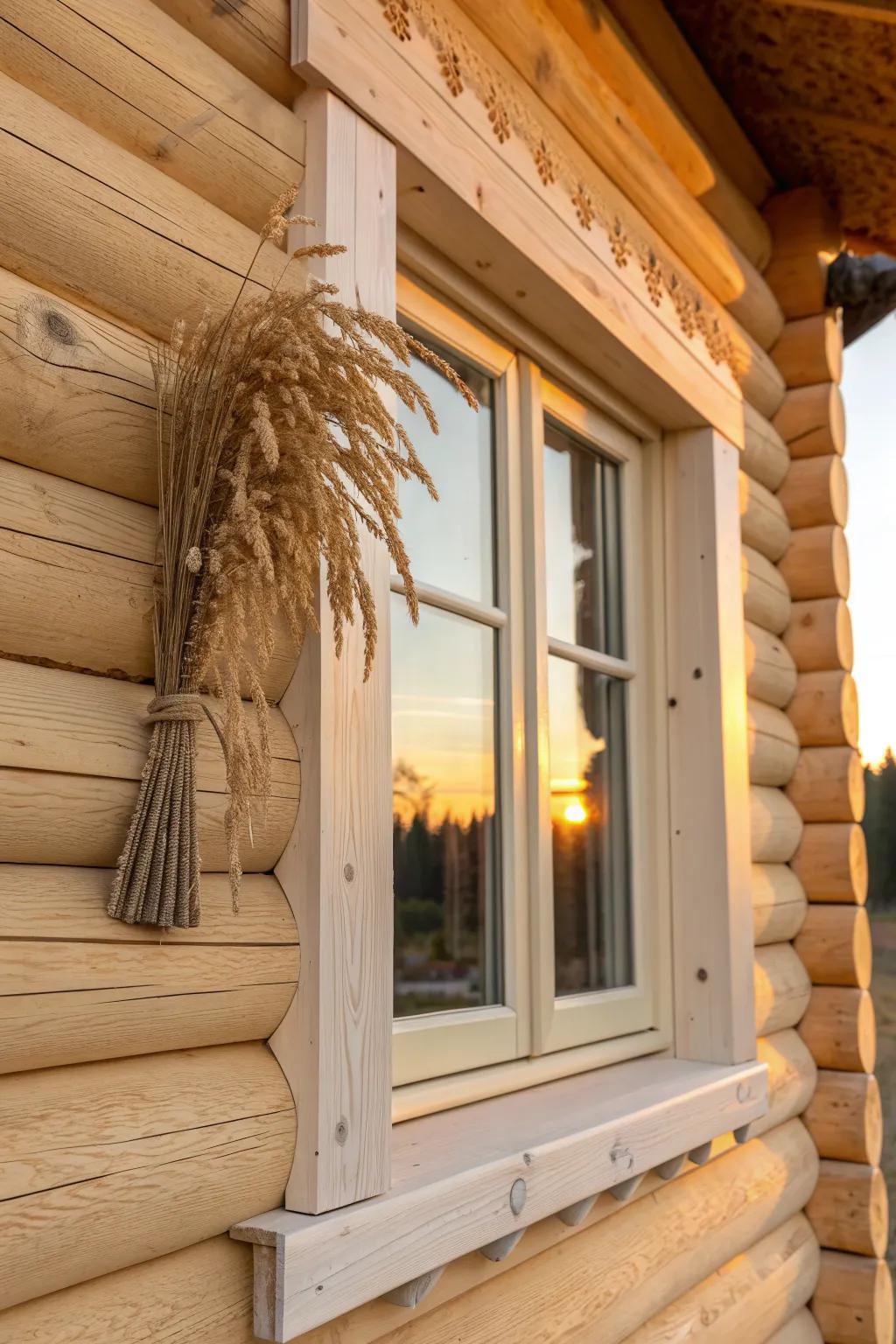 Soft cream trim warms honey logs at sunset for an inviting, relaxed cabin glow all year.