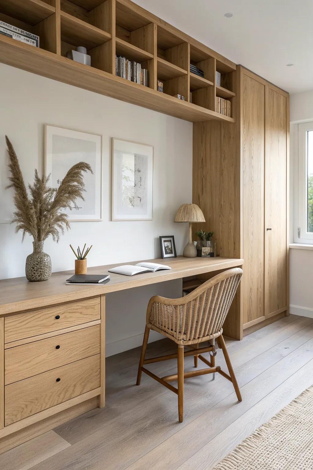 Seamless wall-to-wall oak desk with perfectly scribed edges for a custom, dust-free finish.