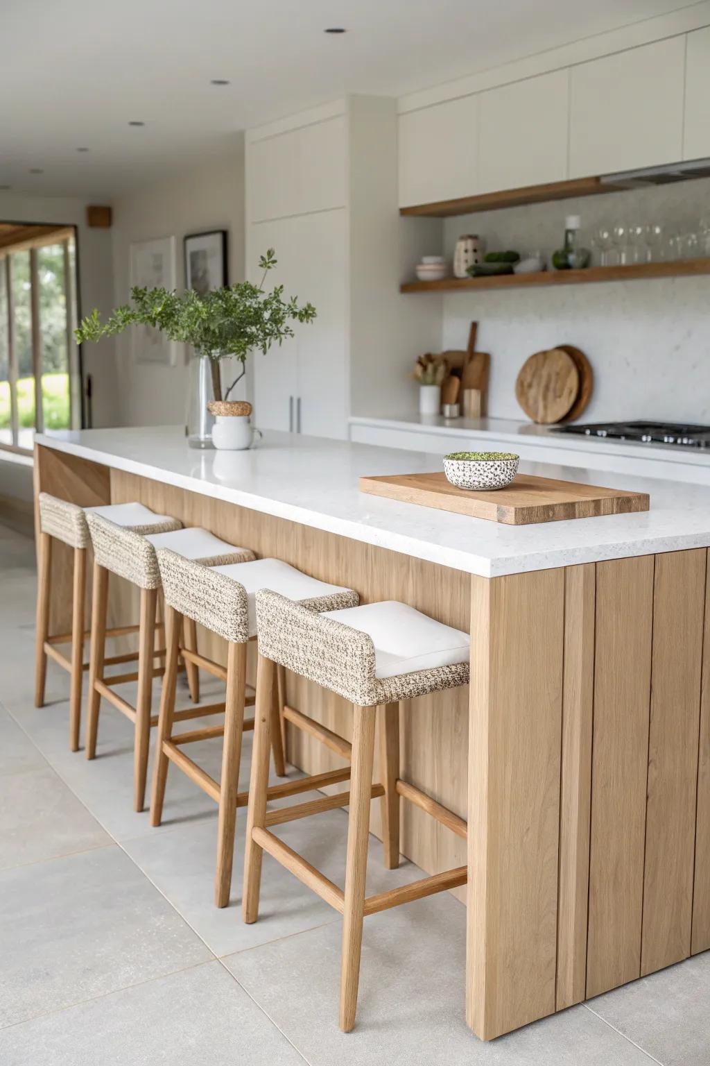 Extra-long oak kitchen island with four stools—storage-rich centerpiece for a social, sleek space.