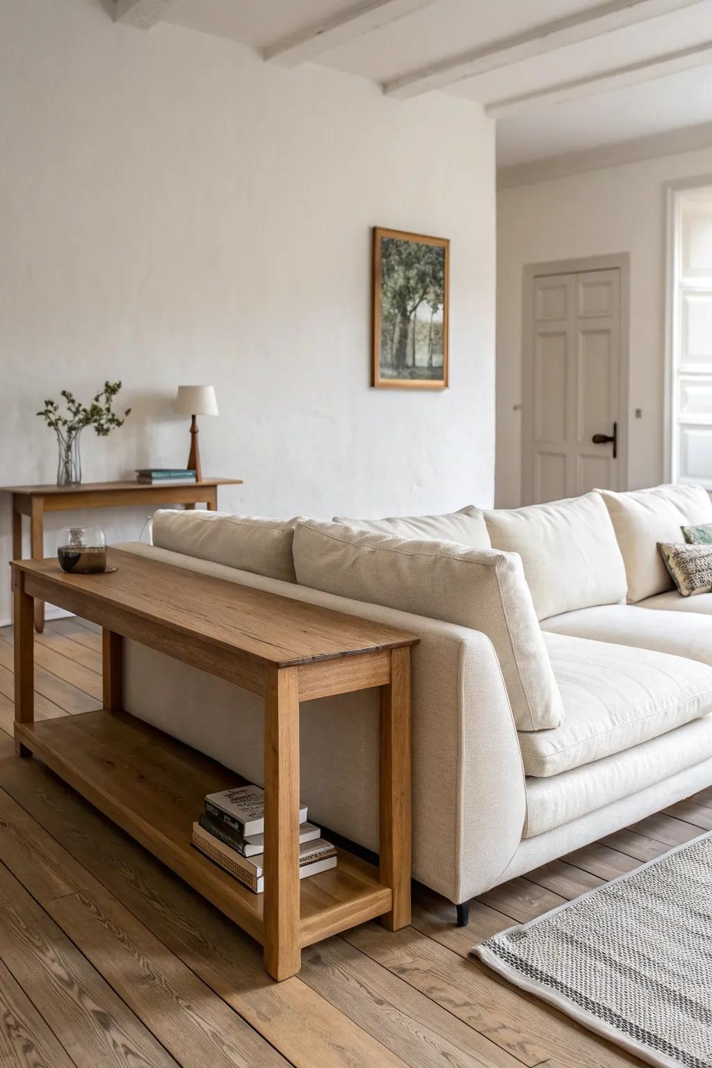 Float the sofa for easy flow—finish the back with a slim handcrafted oak sofa table.