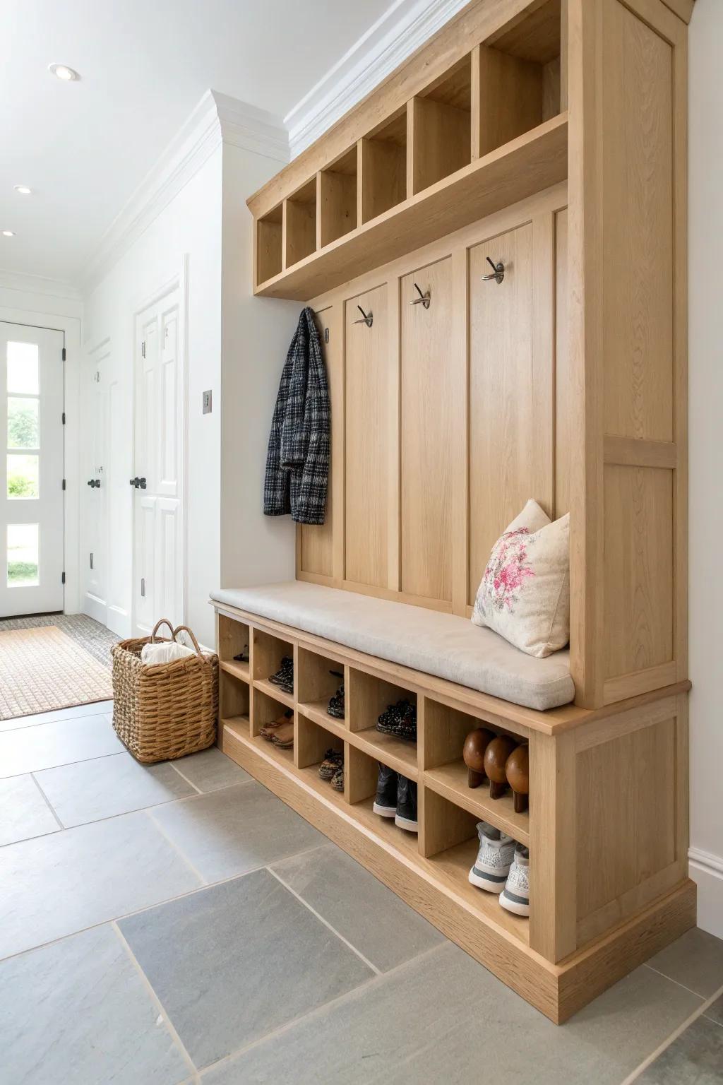Built-in shoe cubbies keep a long, narrow mudroom bench tidy and beautifully organized.