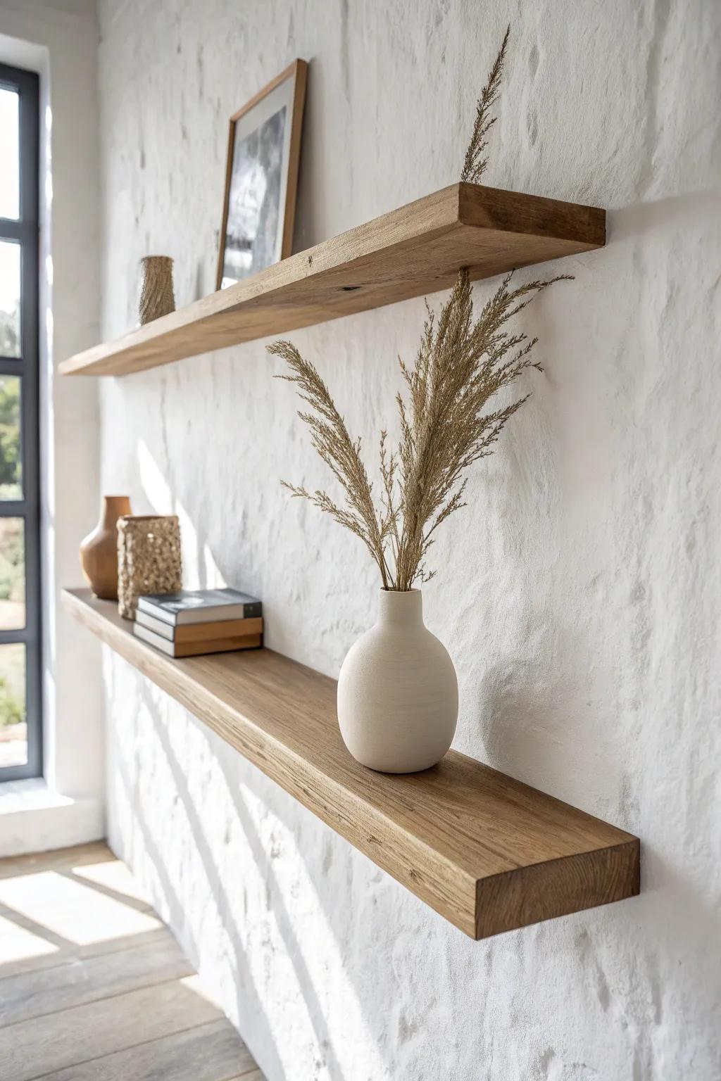A seamless wall-to-wall oak shelf run that makes any room feel like custom built-ins.