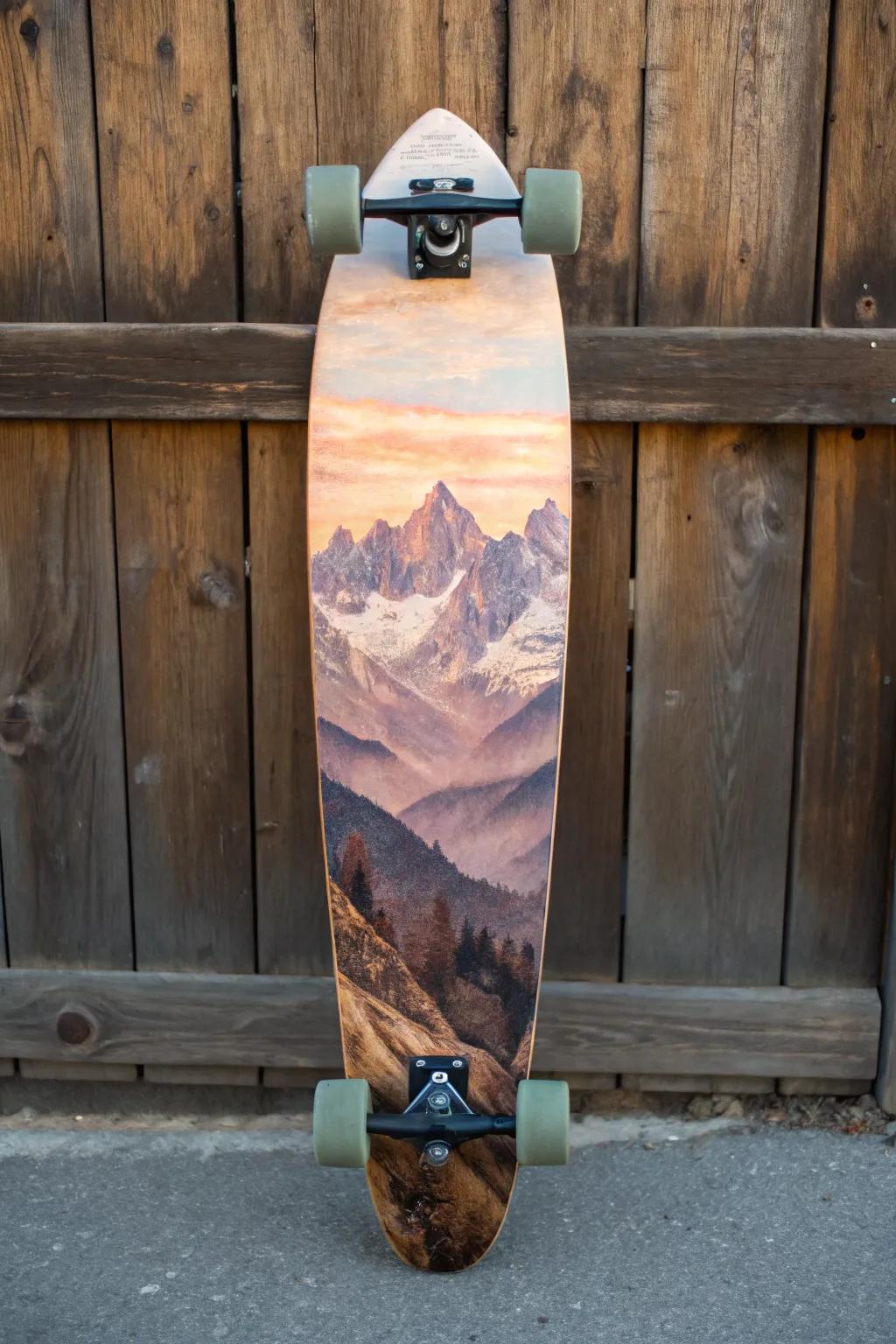 Embrace the wild with this Mountain Majesty longboard design, where craftsmanship meets nature's beauty.