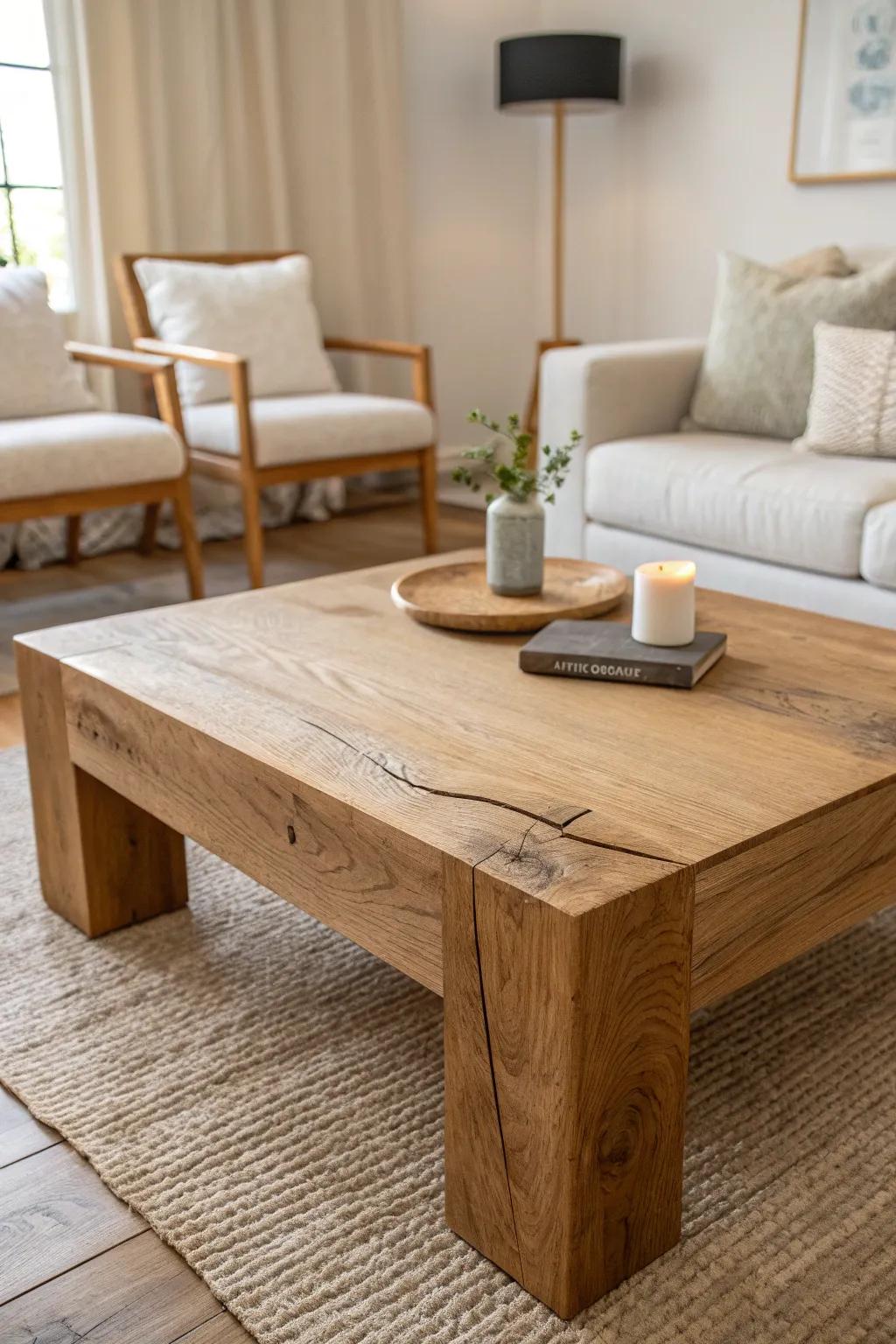 A cozy conversation setup starts with a chunky refinished wood coffee table at the center.