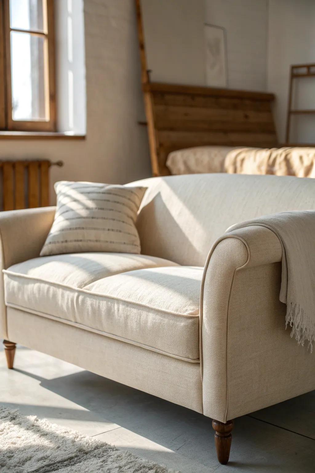 Neutral linen loveseat with warm oak tones—calm, cozy, and easy to restyle all season.