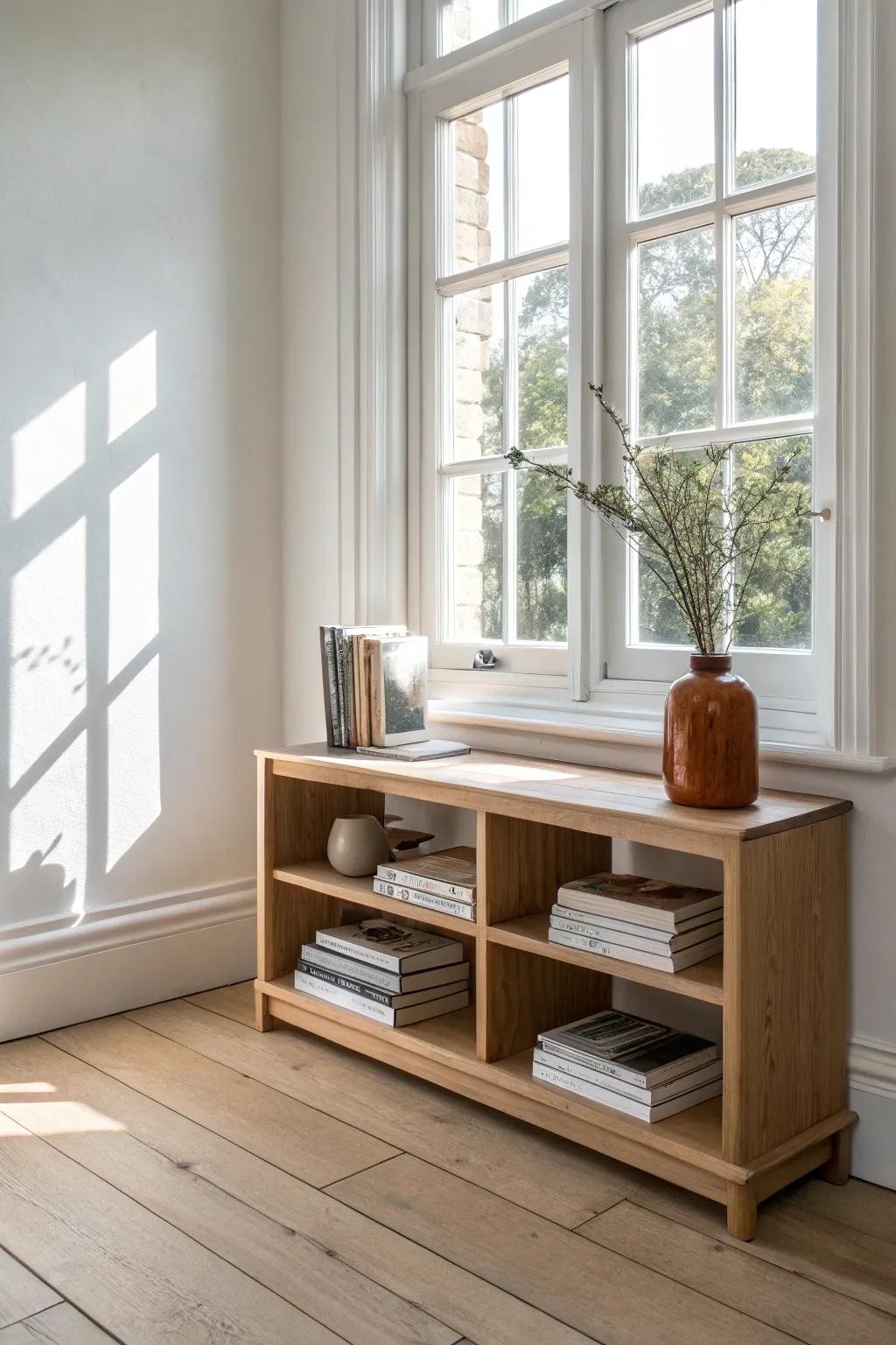 A low pine bookshelf under the window—sunlit storage that keeps the room bright and airy.