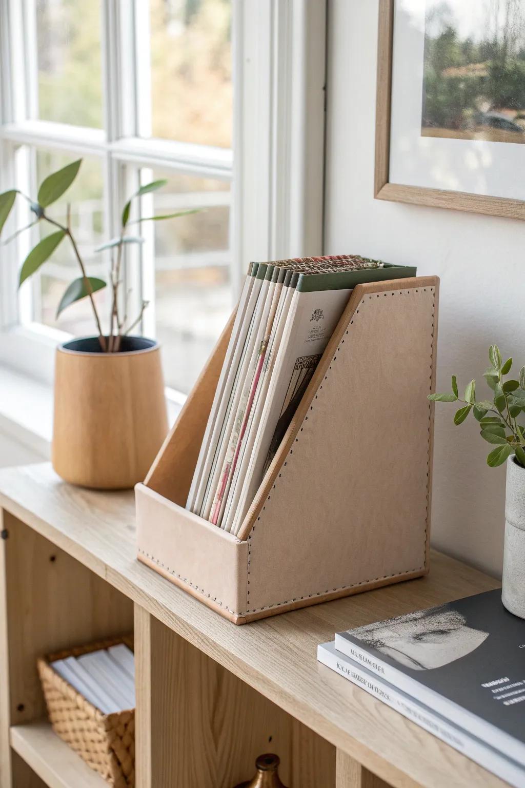 Tidy magazines, elevated: a kraft-wrapped vertical holder that makes any shelf feel intentional.