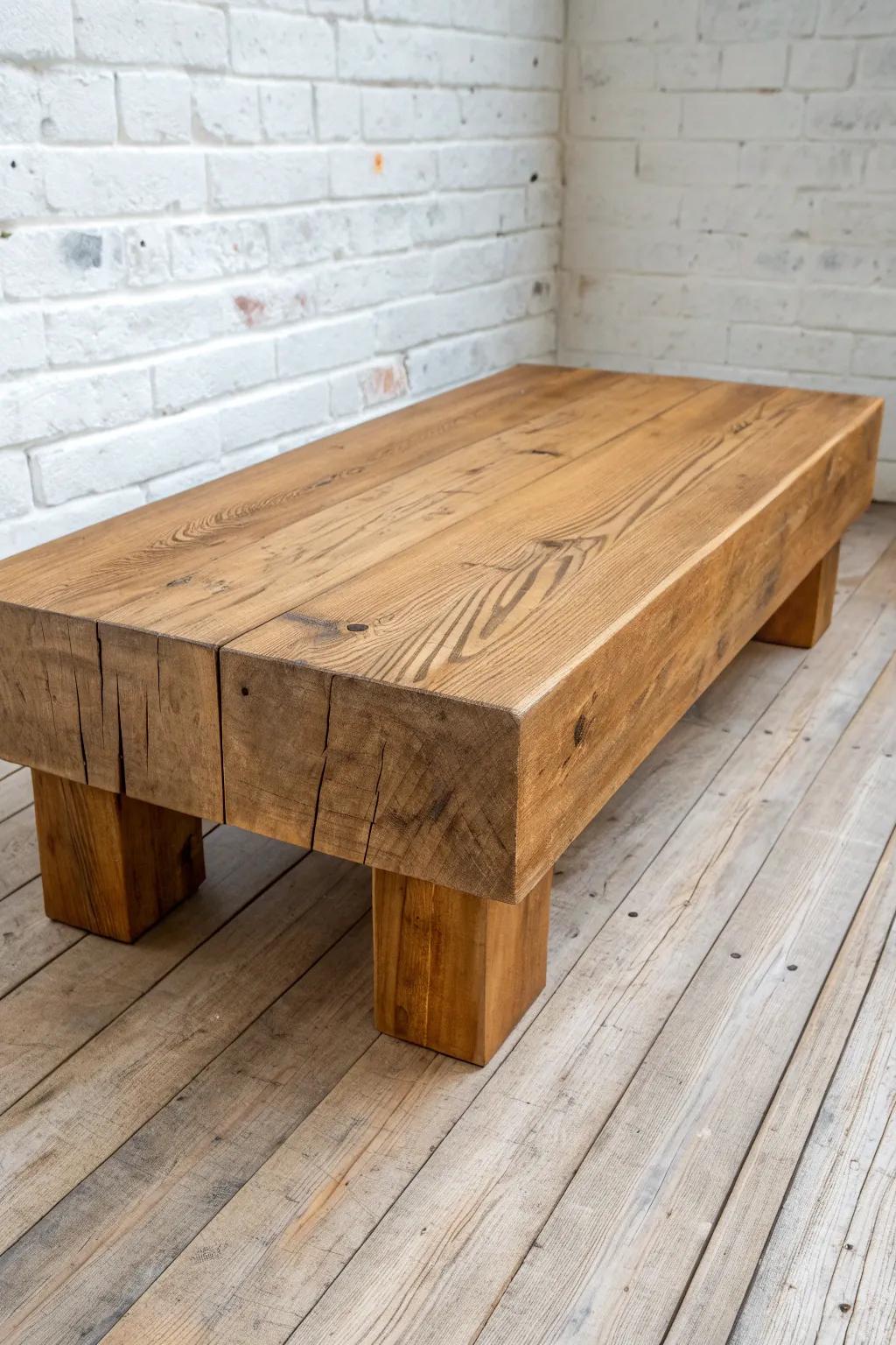 Chunky reclaimed timber beam block table—rugged man cave vibe with calm Scandinavian warmth.
