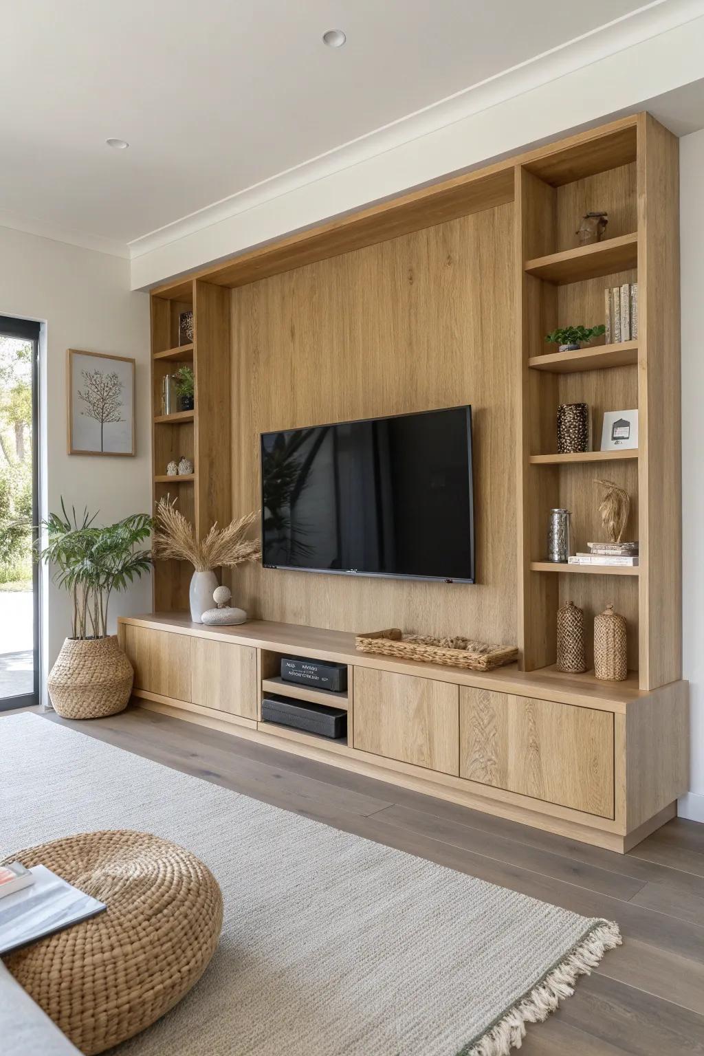 Symmetrical three-screen oak TV wall—sports-bar energy with clean Scandinavian calm.