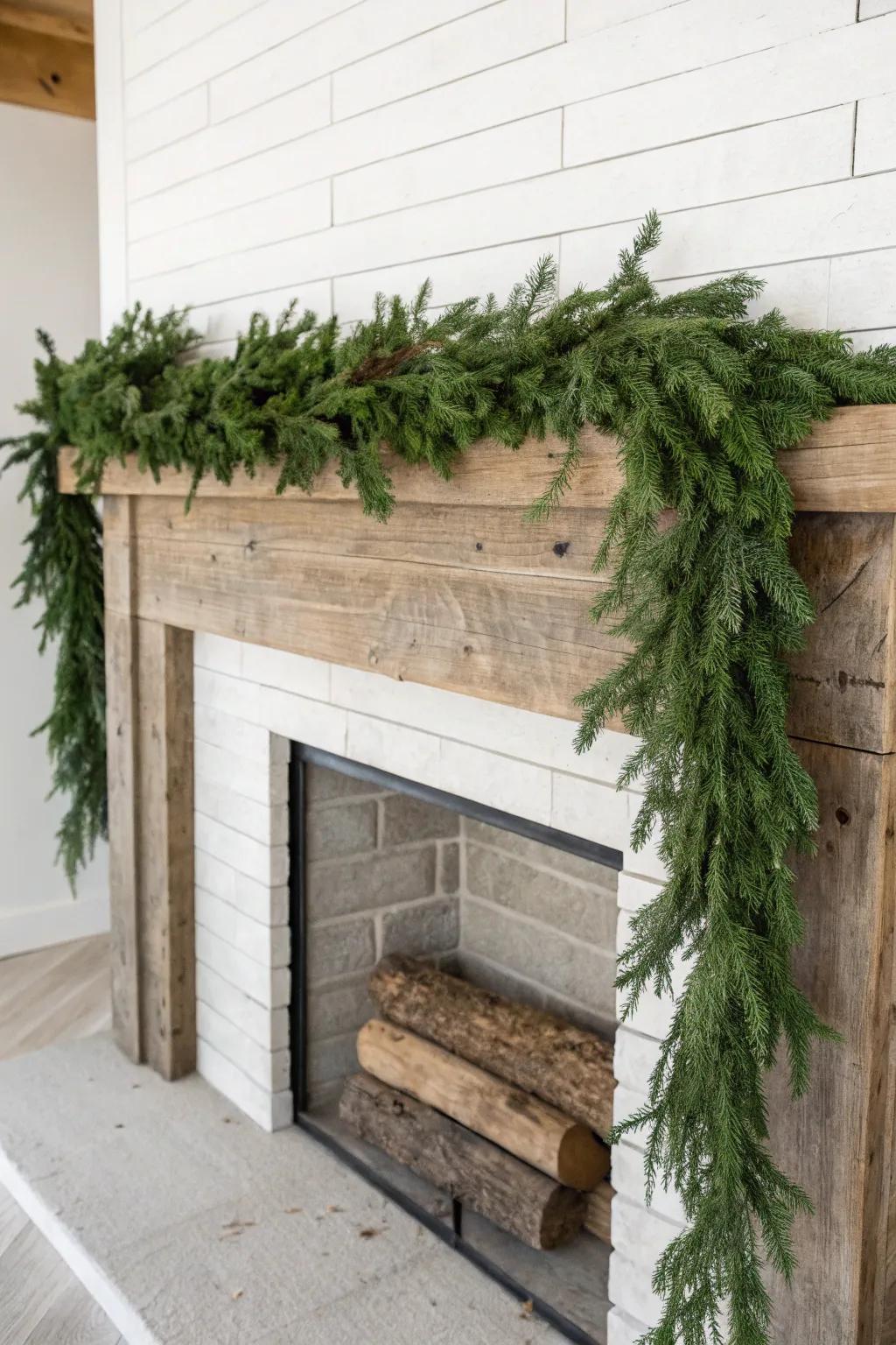 Asymmetrical greenery cascading down a reclaimed-wood mantel—minimal, dramatic, serene.